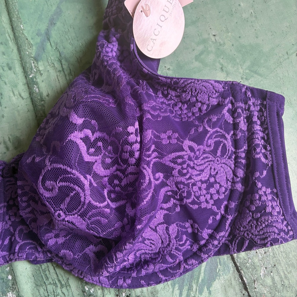 Cacique Purple Floral Lace Bra 40DDD Full Coverage NWT Underwire - Picture 4 of 8